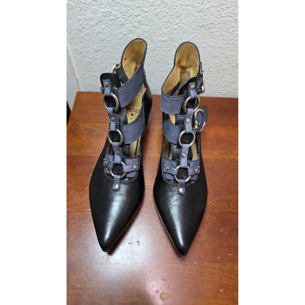 John Fluevog Ankle Boots Womens 11 Black Blue Ring Buckle Pointed Toe Victorian